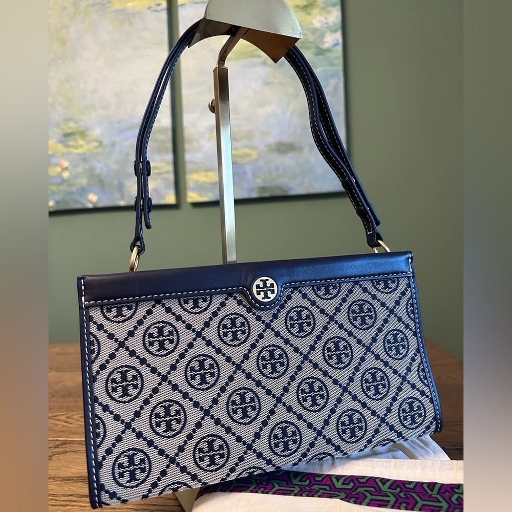 NWT! NEW! Tory Burch T Monogram Jacquard Mini Pouchette Navy 2 in 1 Shoulder Bag - Picture 10 of 16